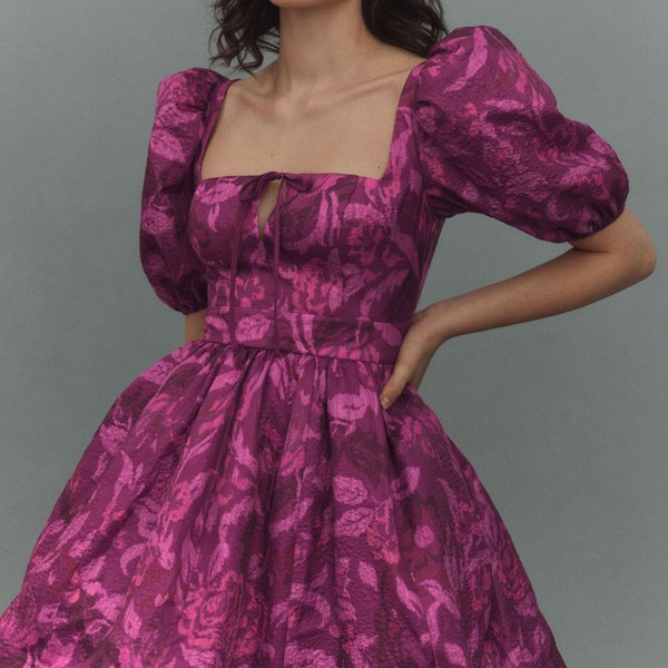 Bhldn Anthropologie Chloe Puff Sleeves And Square Neck Jacquard Mini Dress